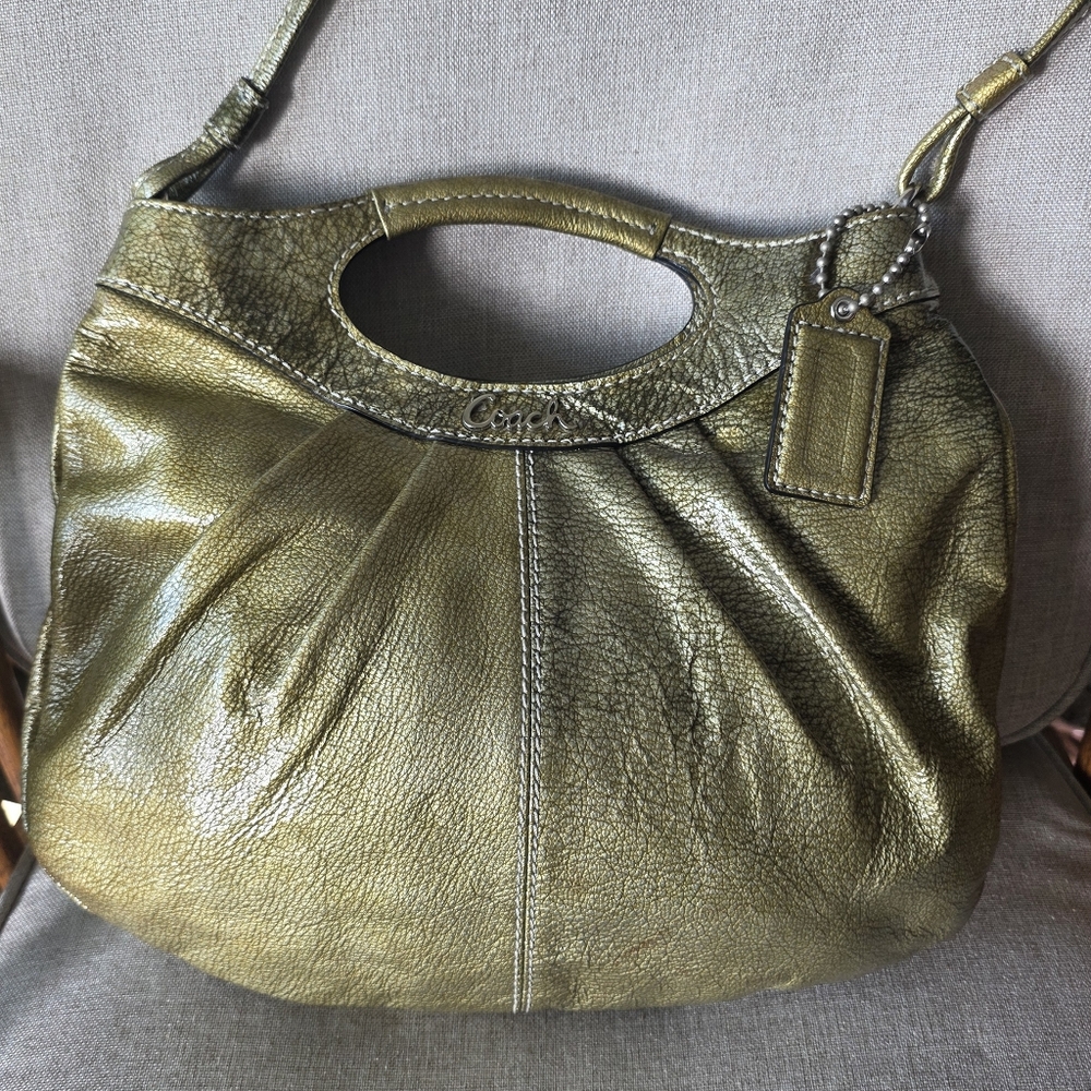 Coach Lexi Patent Leather Pleated Crossbody  Purse in gold metallc